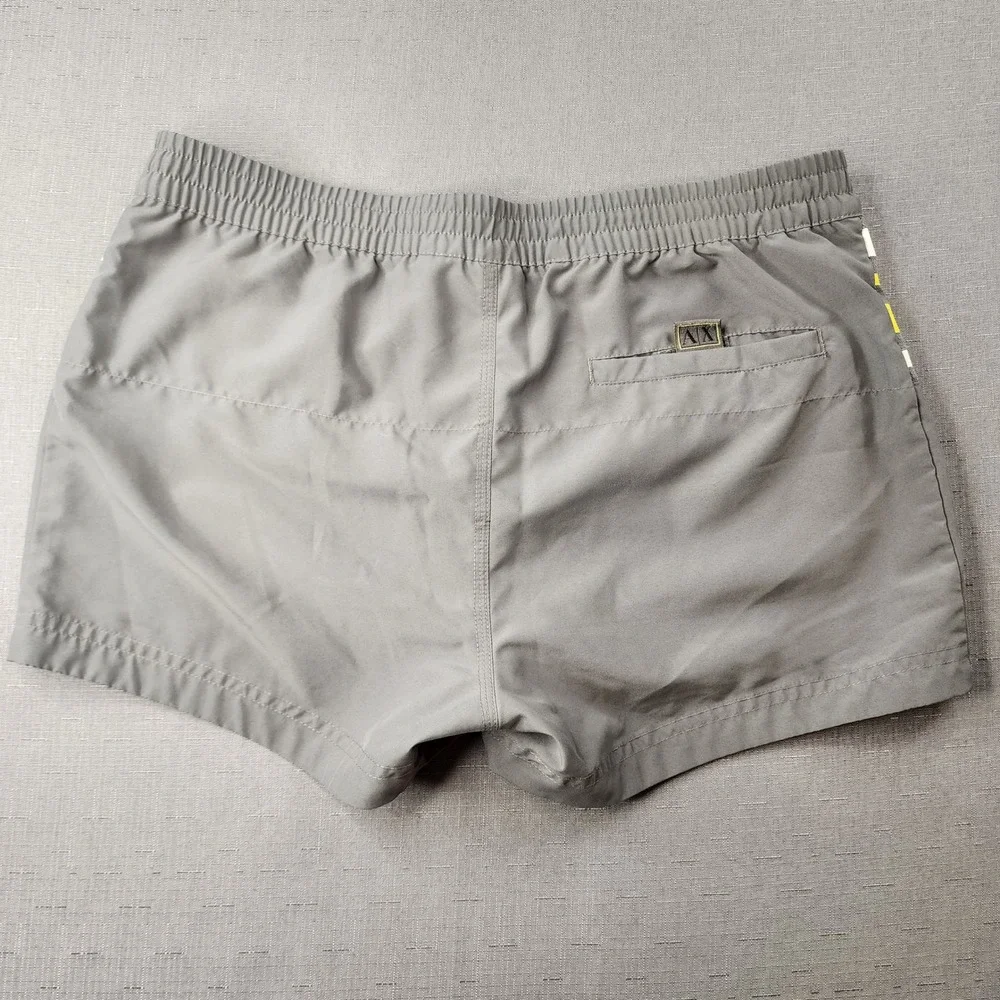 Armani Exchange Mens Gray Yellow Striped Swim Trunks Shorts Size Small AX Logo